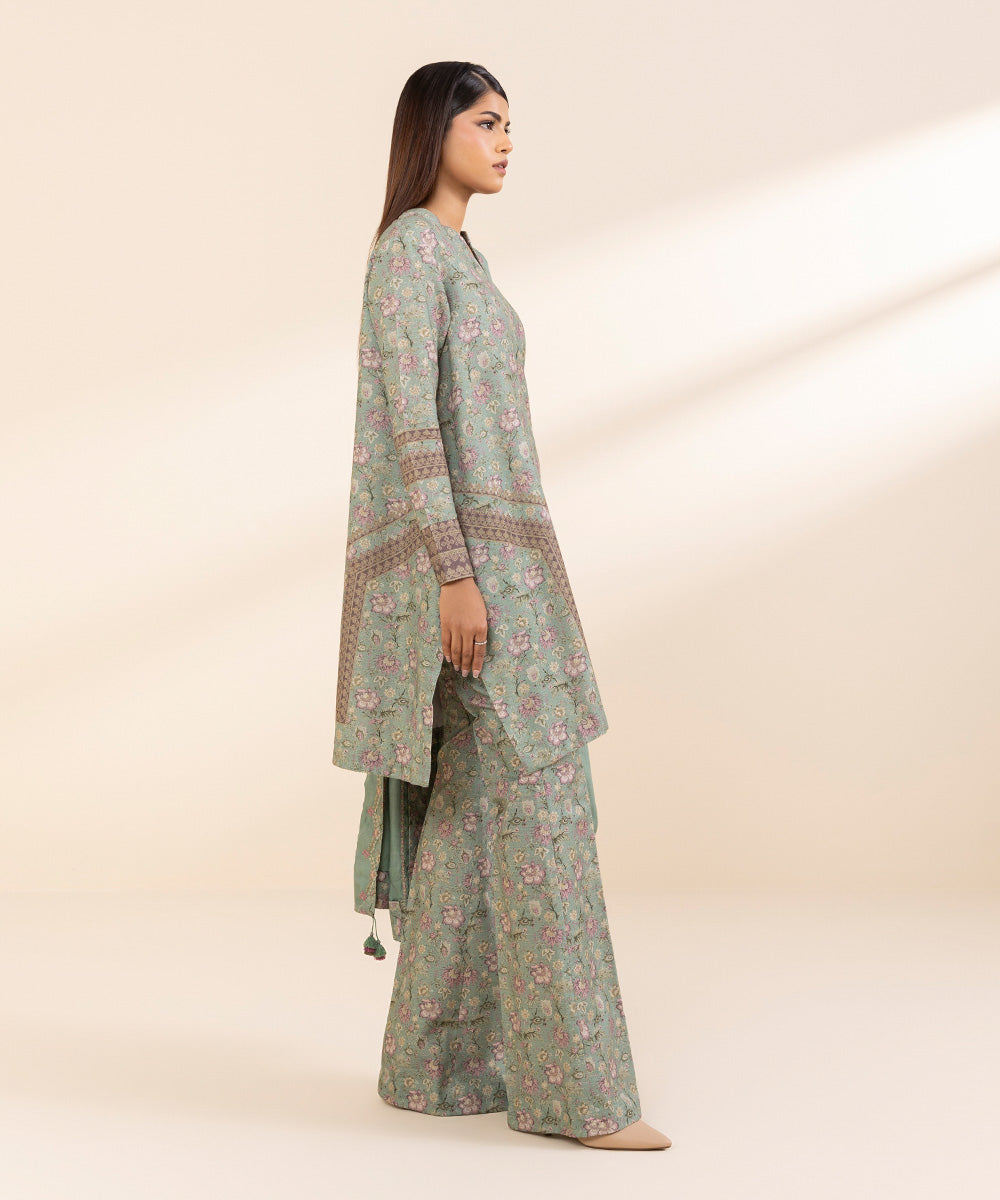 Women's Unstitched Embroidered Sage Green Khaddar Three Piece Suit