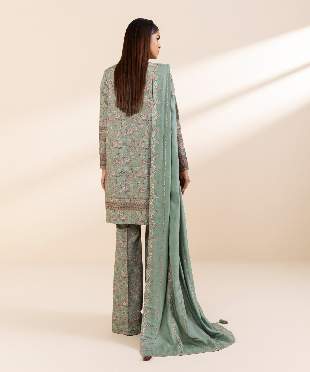 Women's Unstitched Embroidered Sage Green Khaddar Three Piece Suit