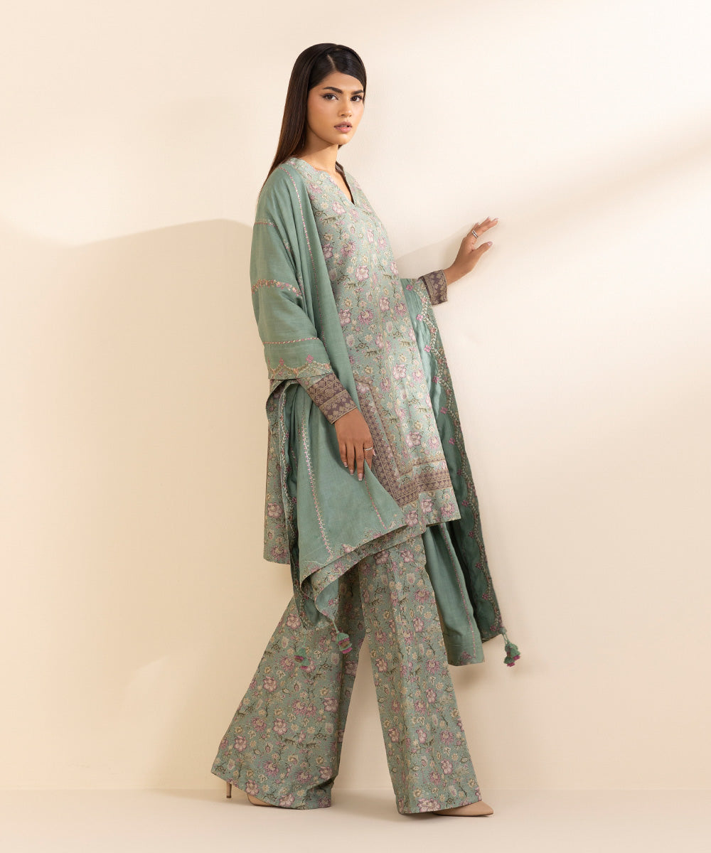 Women's Unstitched Embroidered Sage Green Khaddar Three Piece Suit