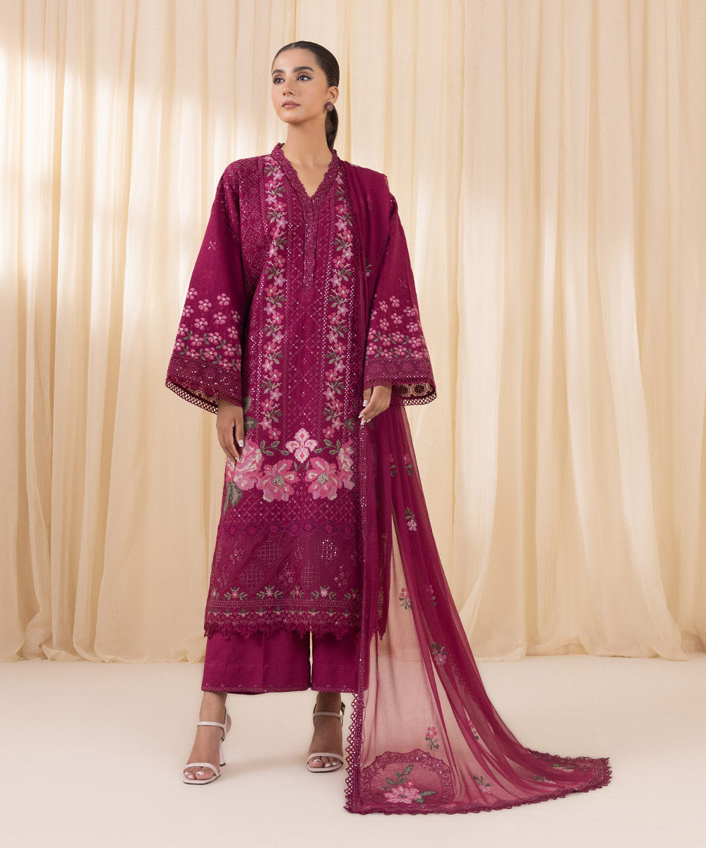 Women's Unstitched Embroidered Fuchsia Pink Cotton Jacquard Three Piece Suit