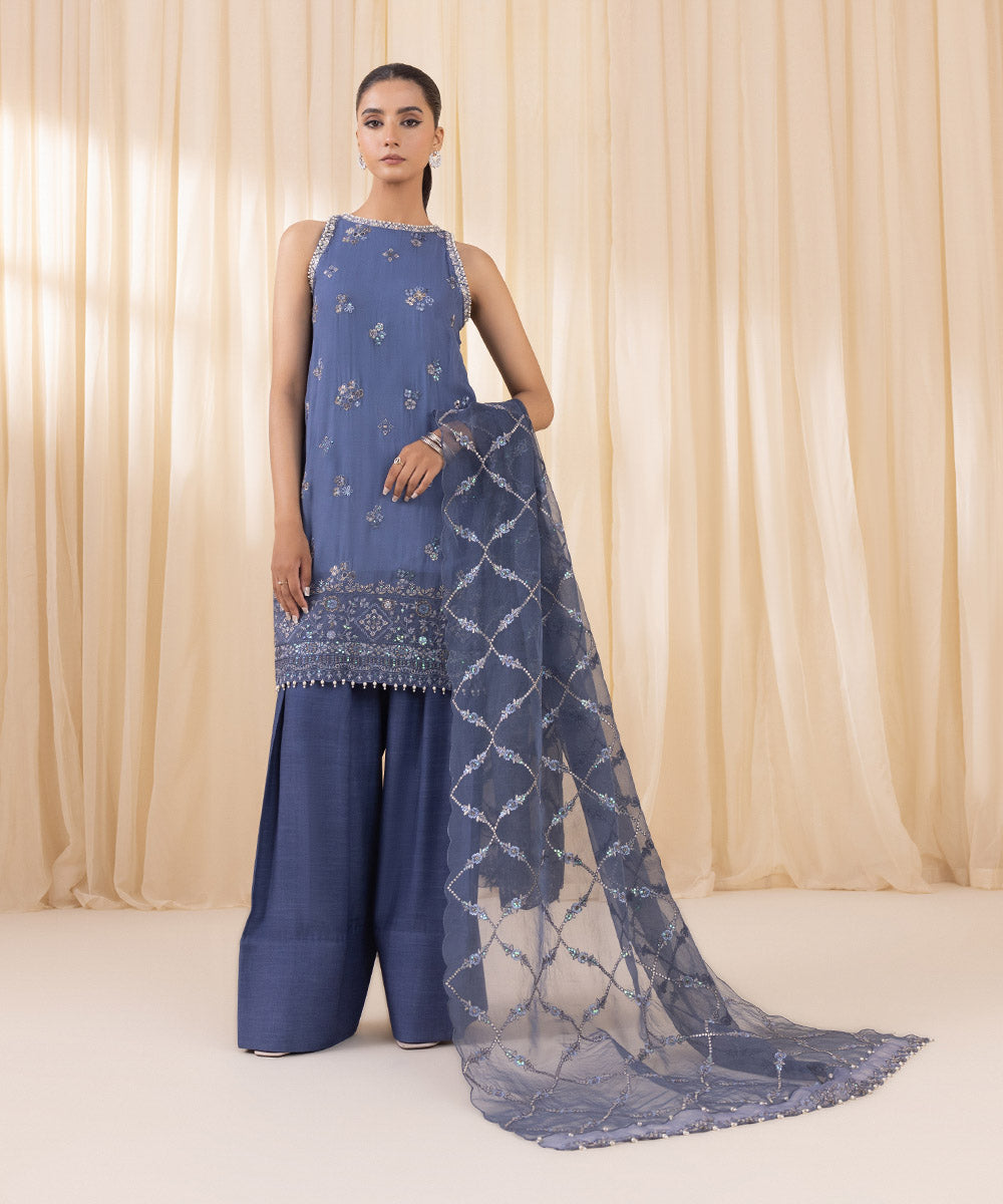 Women's Unstitched Blue Georgette Chiffon Three Piece Suit