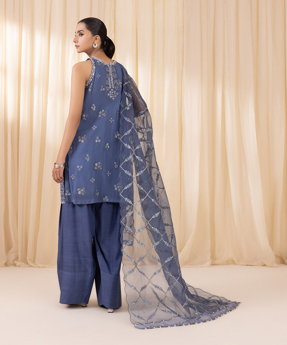 Women's Unstitched Blue Georgette Chiffon Three Piece Suit