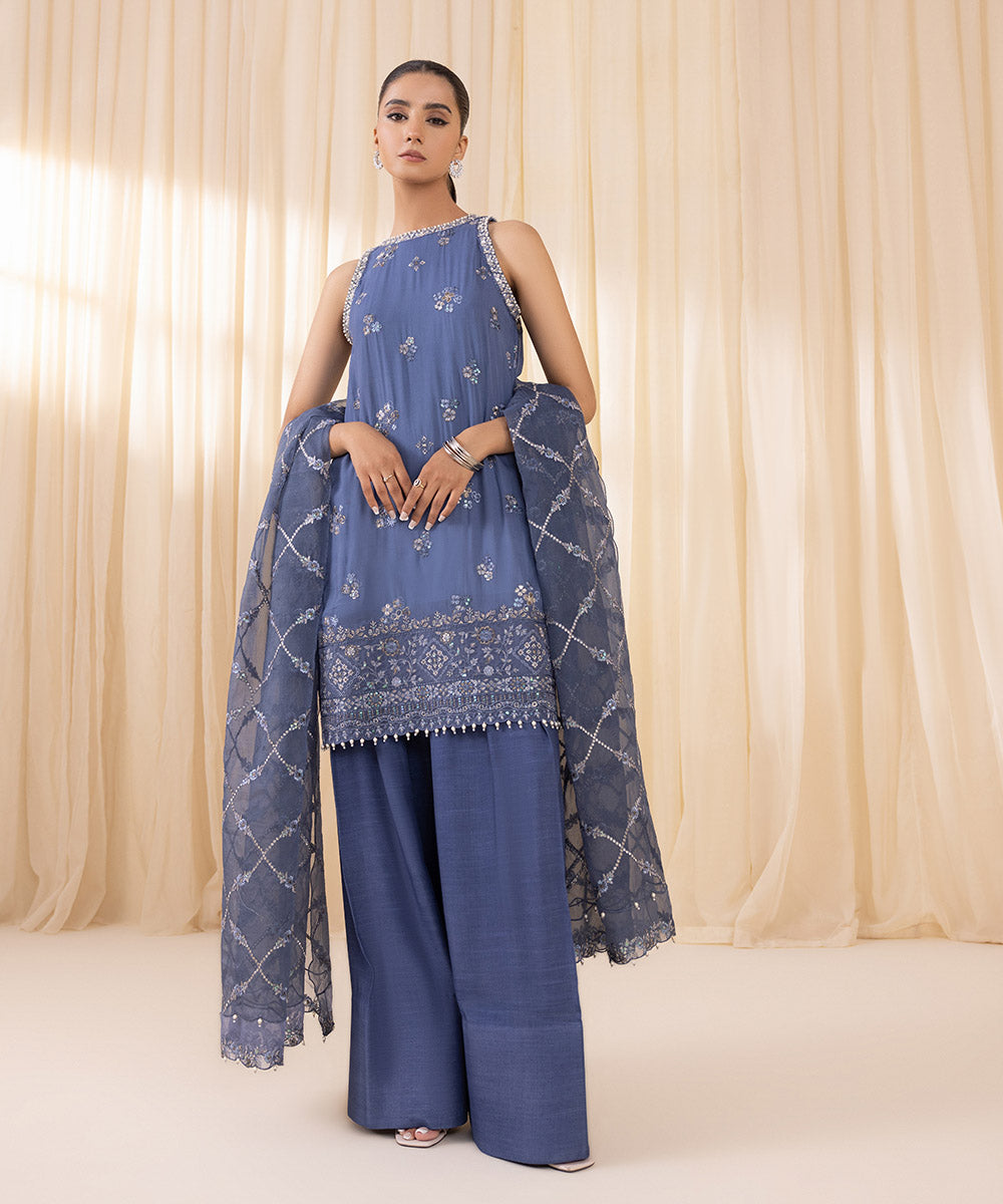 Women's Unstitched Blue Georgette Chiffon Three Piece Suit