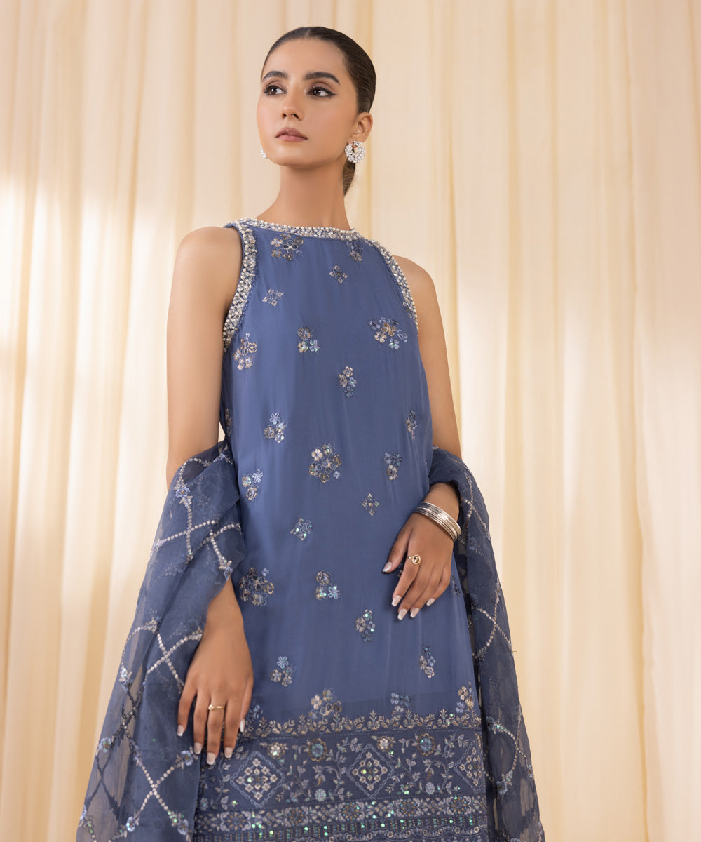 Women's Unstitched Blue Georgette Chiffon Three Piece Suit