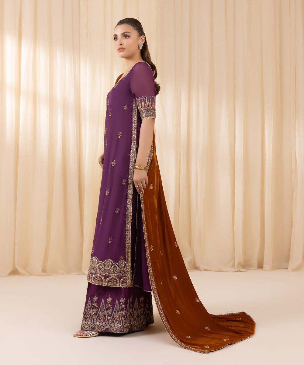 Women's Unstitched Purple Georgette Chiffon Three Piece Suit