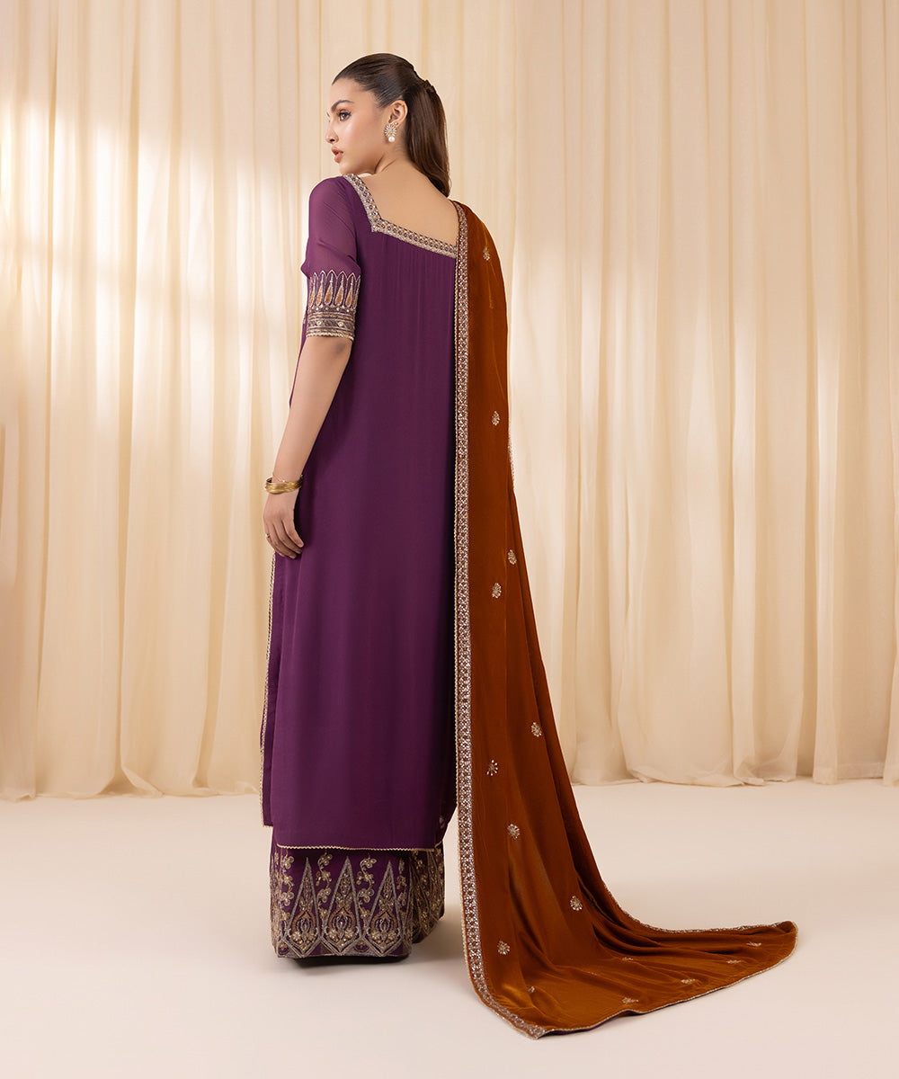 Women's Unstitched Purple Georgette Chiffon Three Piece Suit