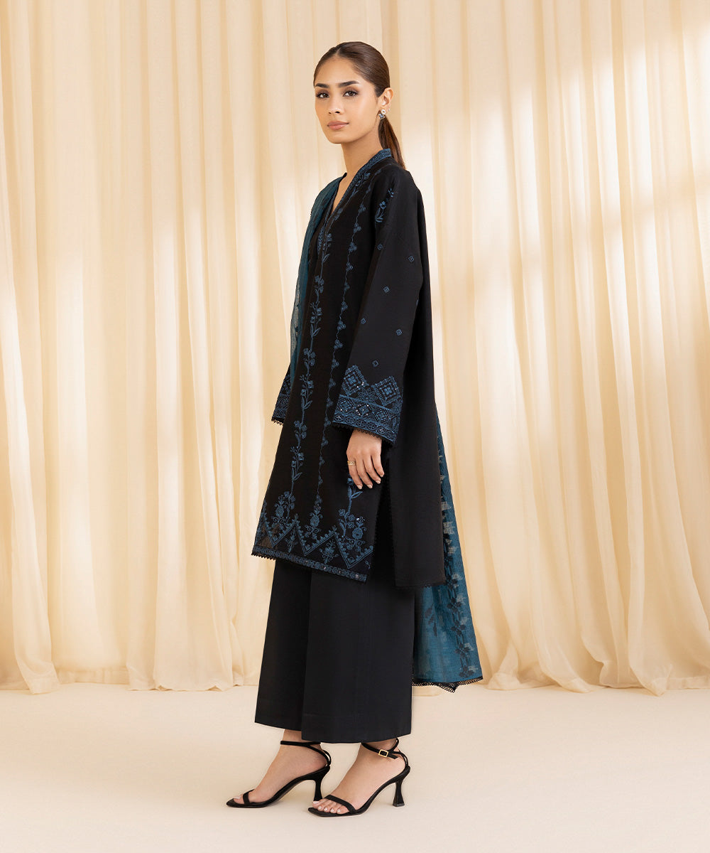 Women's Unstitched Embroidered Black Linen Three Piece Suit