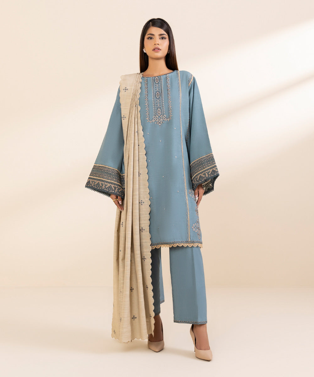 Women's Unstitched Embroidered Greyish Blue Linen Three Piece Suit