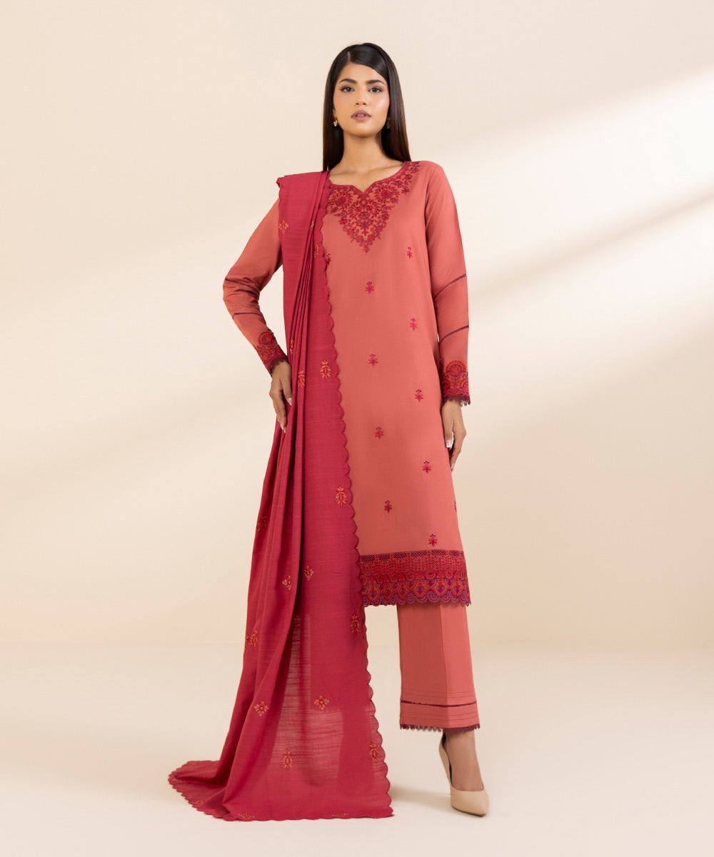 Women's Unstitched Embroidered Blush Pink Linen Three Piece Suit