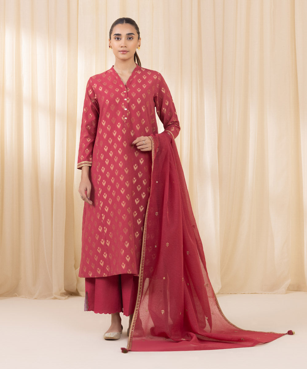 Women's Unstitched Embroidered Coral Red Extra Weft Jacquard Three Piece Suit