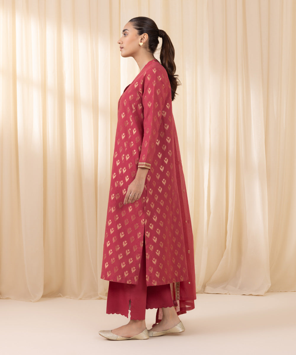 Women's Unstitched Embroidered Coral Red Extra Weft Jacquard Three Piece Suit