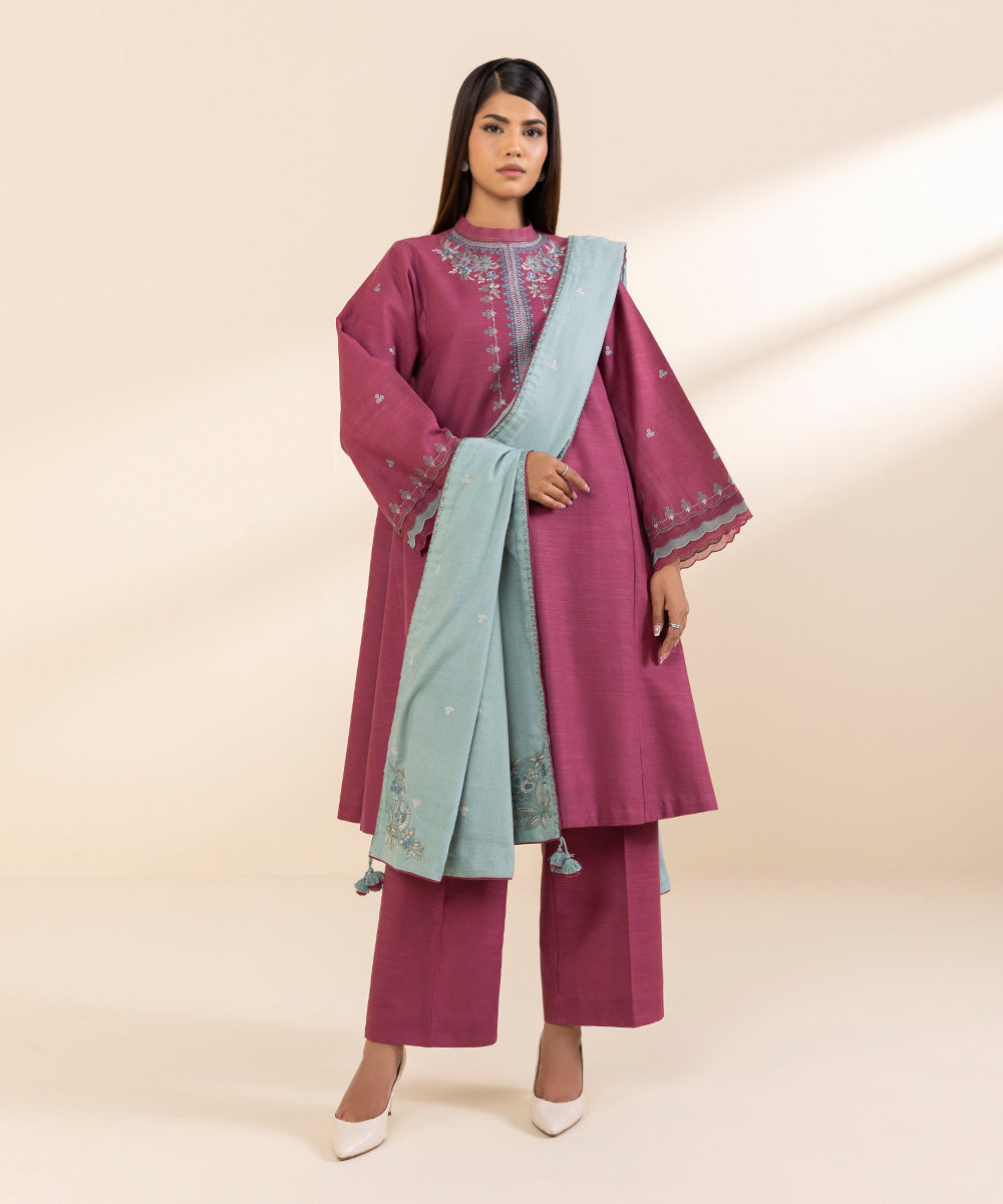 Women's Unstitched Embroidered Rouge Pink Khaddar Three Piece Suit