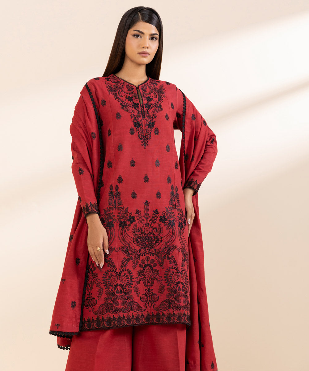 Women's Unstitched Embroidered Carrot Pink Khaddar Three Piece Suit