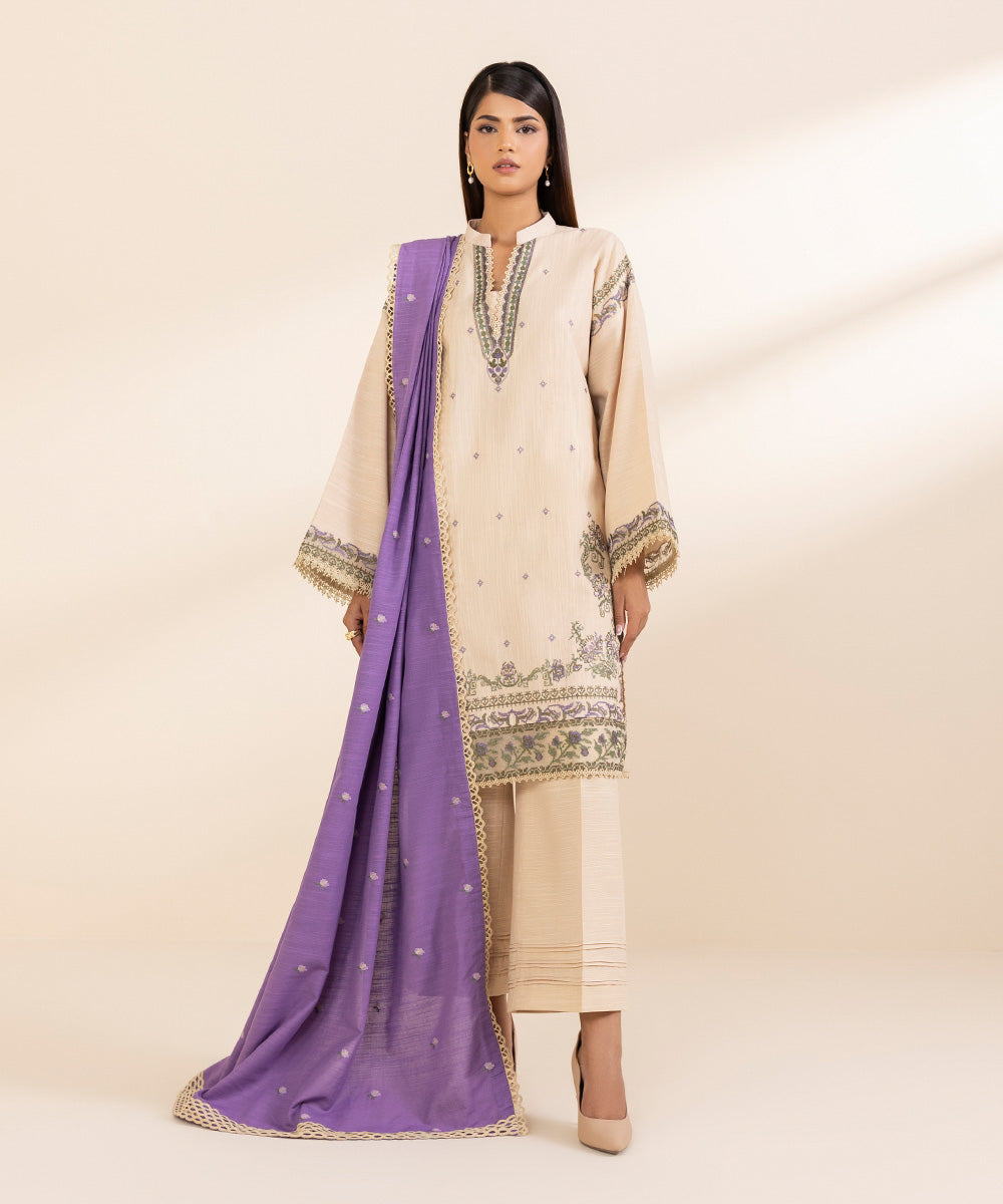 Women's Unstitched Embroidered Beige Khaddar Three Piece Suit