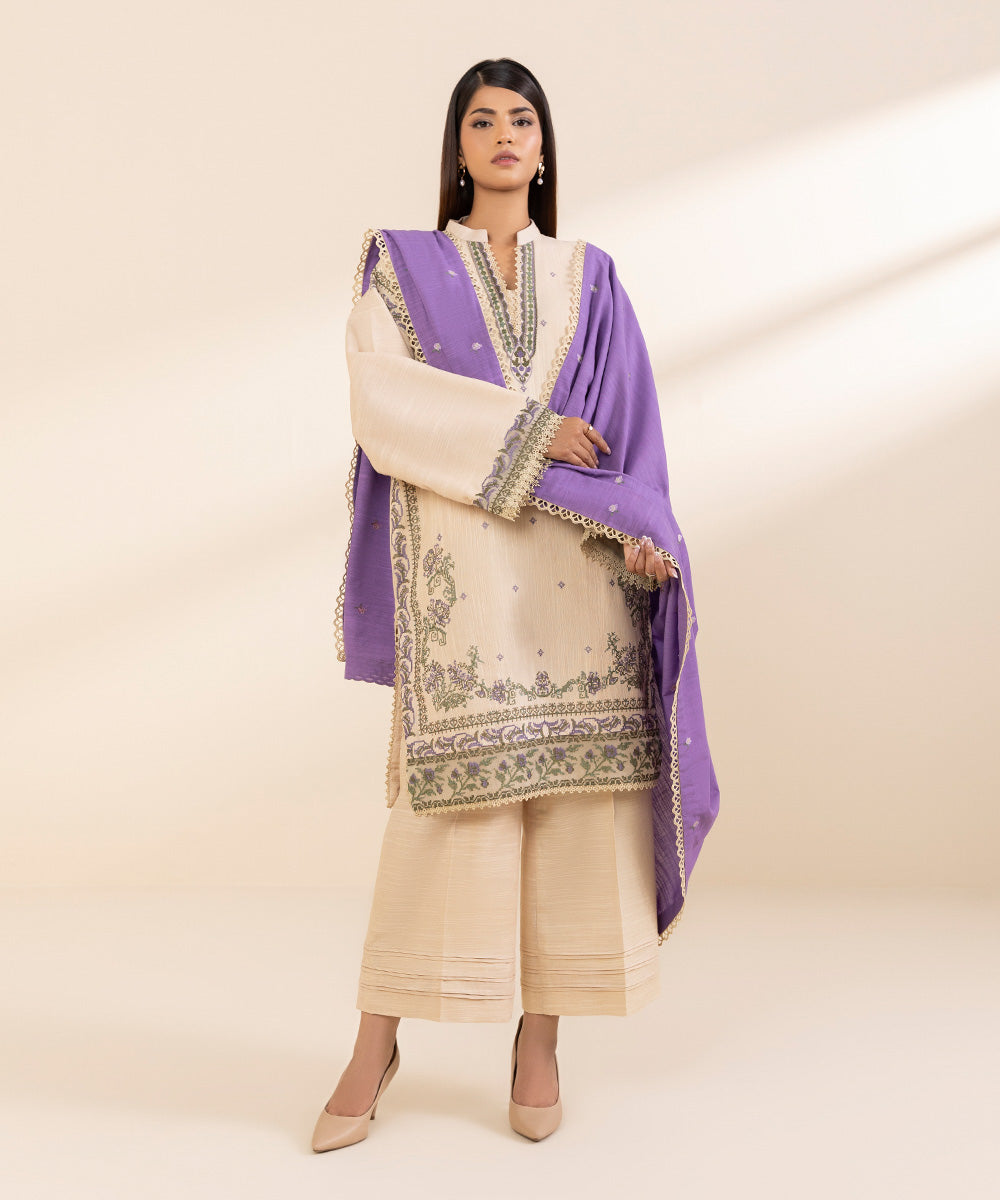 Women's Unstitched Embroidered Beige Khaddar Three Piece Suit