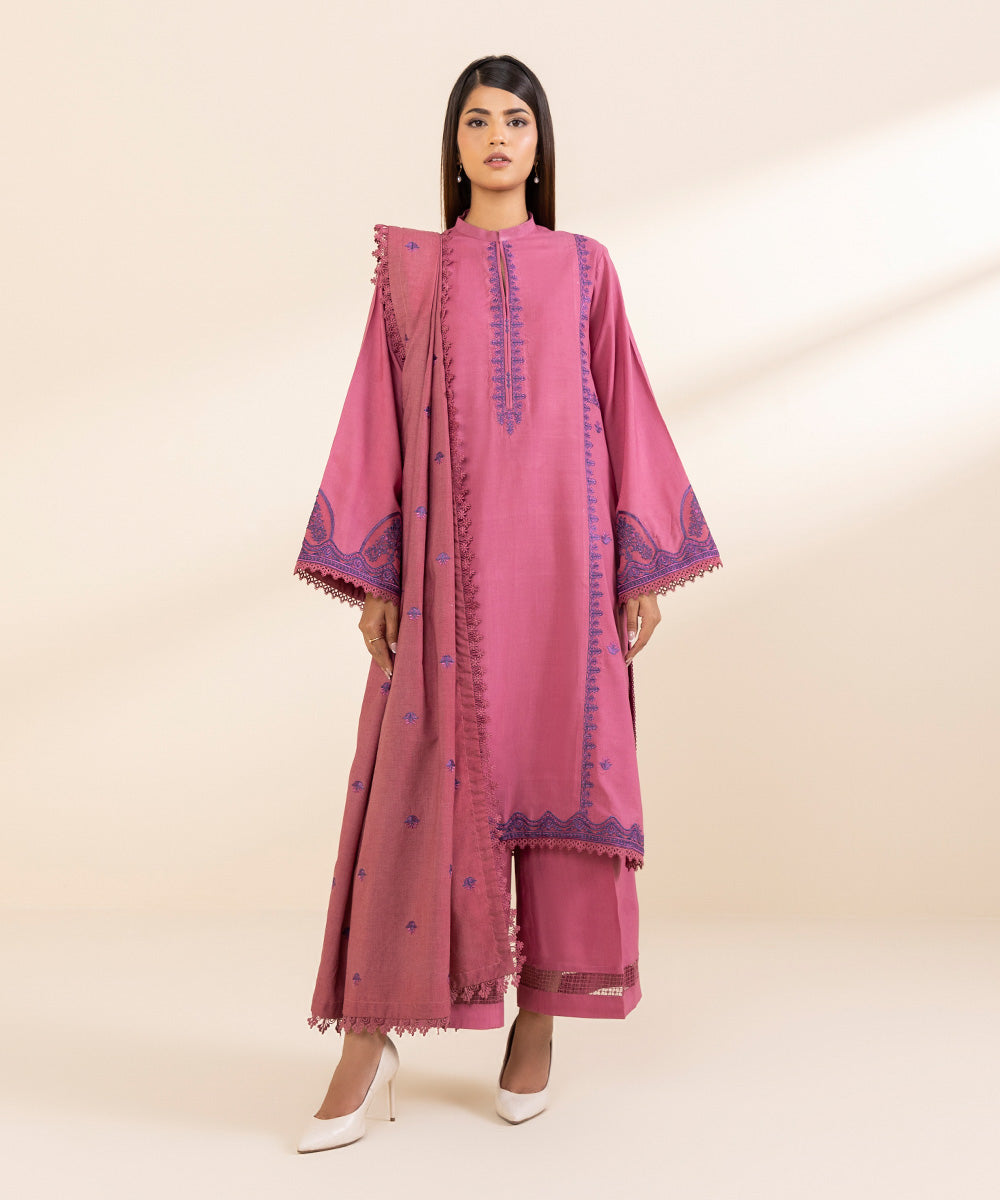 Women's Unstitched Embroidered Pinkish Purple Linen Three Piece Suit