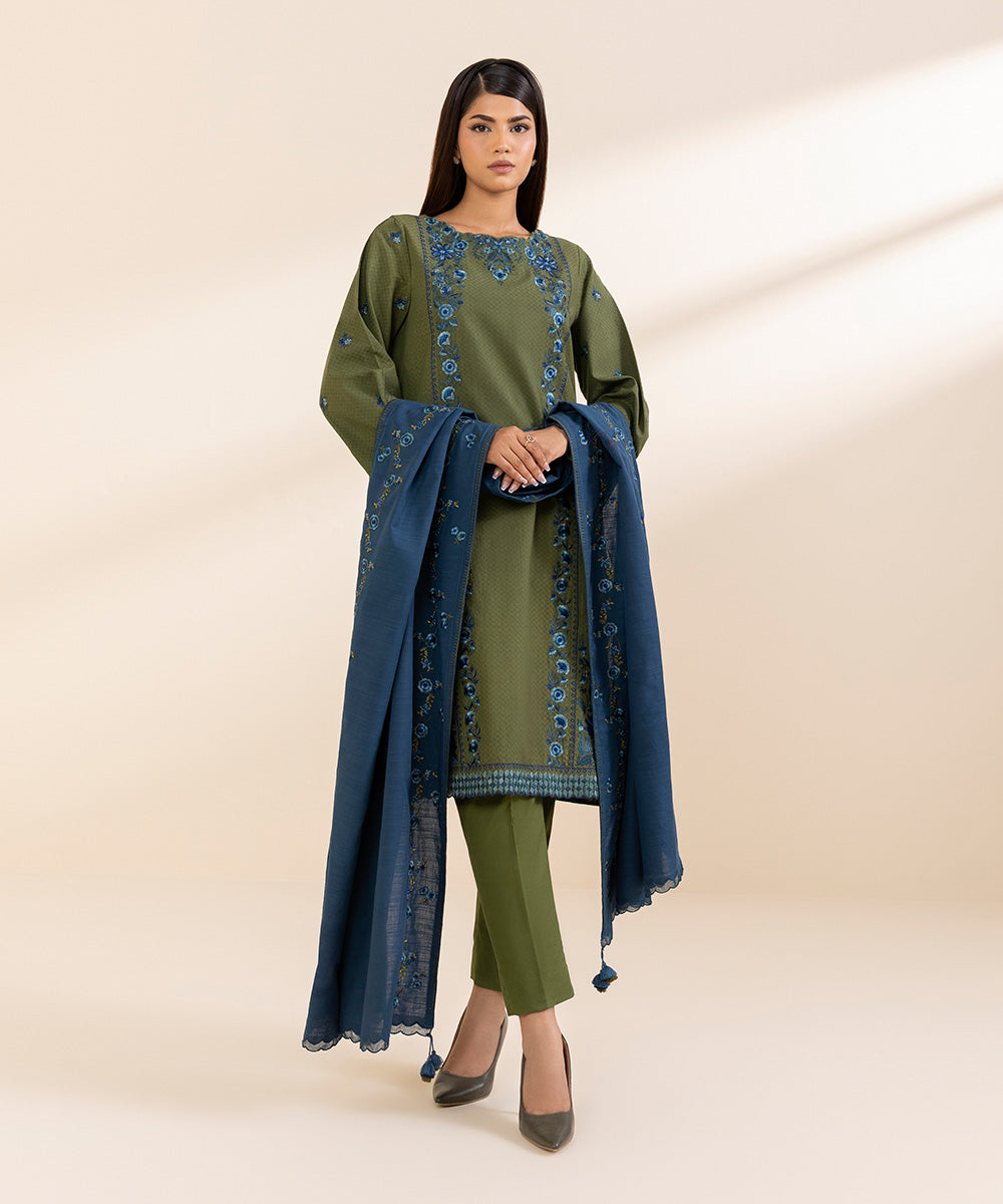 Women's Unstitched Embroidered Dark Green Dobby Three Piece Suit