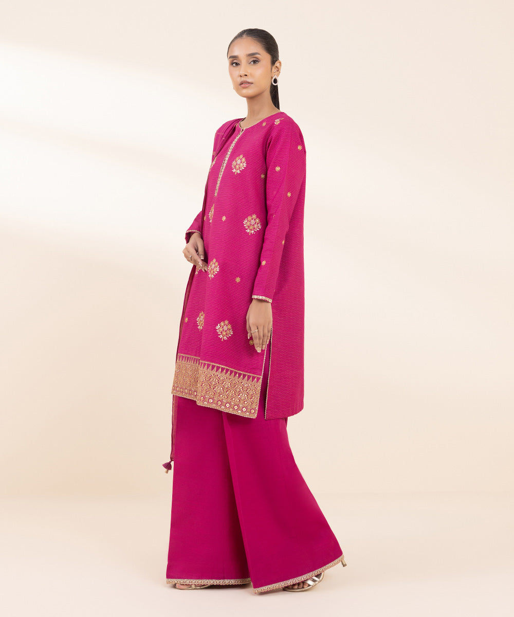 Women's Unstitched Embroidered Magenta Zari Khaddar Three Piece Suit