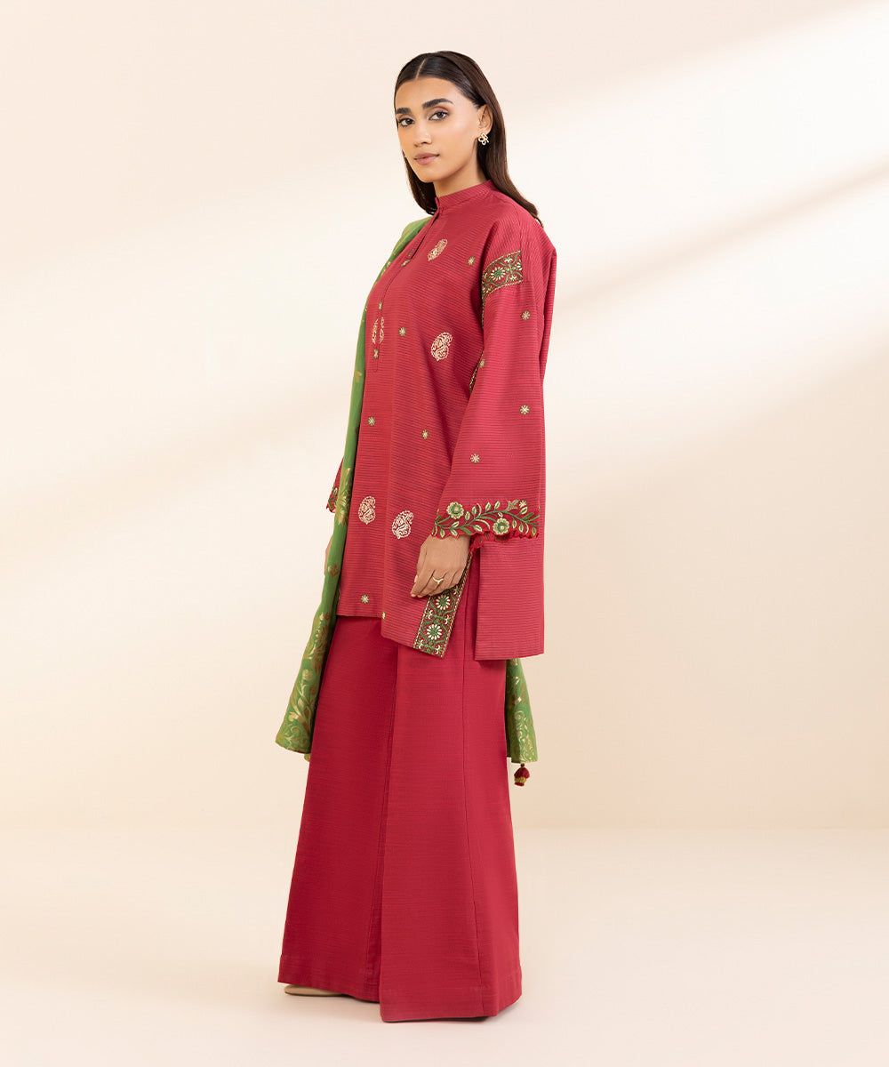 Women's Unstitched Embroidered Coral Red Zari Khaddar Three Piece Suit