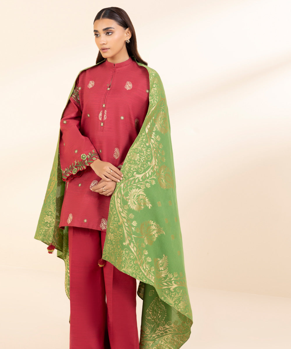 Women's Unstitched Embroidered Coral Red Zari Khaddar Three Piece Suit