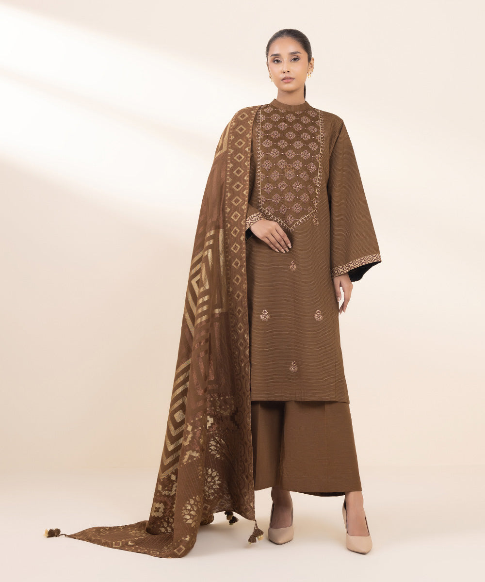 Women's Unstitched Embroidered Brown Zari Khaddar Three Piece Suit