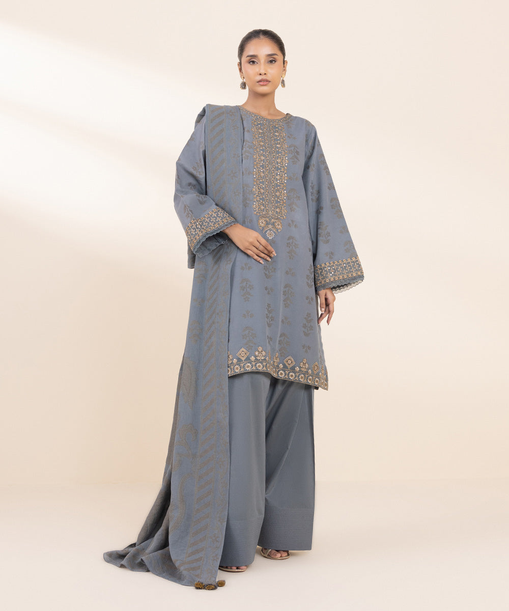 Women's Unstitched Embroidered Dark Grey Extra Weft Jacquard Three Piece Suit