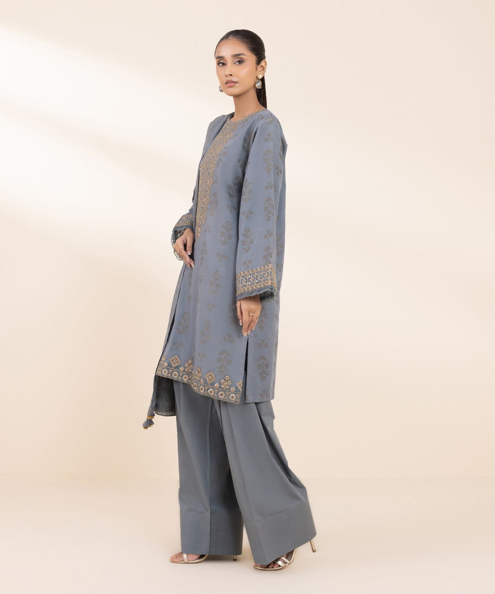 Women's Unstitched Embroidered Dark Grey Extra Weft Jacquard Three Piece Suit