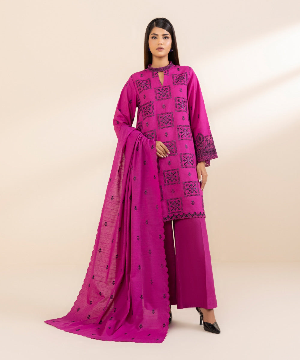 Women's Unstitched Embroidered Magenta Cotton Karandi Three Piece Suit