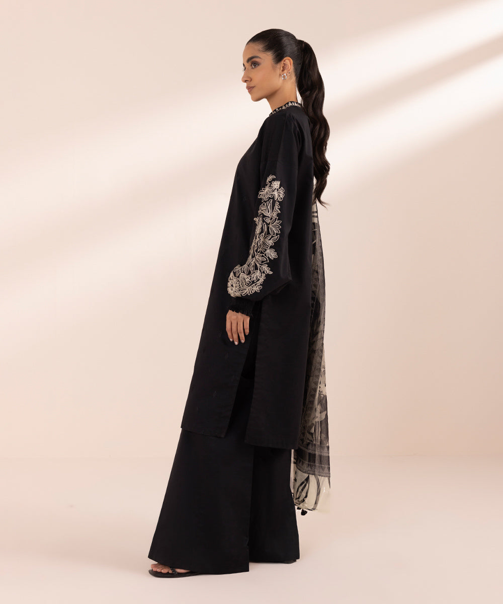 Women's Unstitched Lawn Black Embroidered 3 Piece Suit