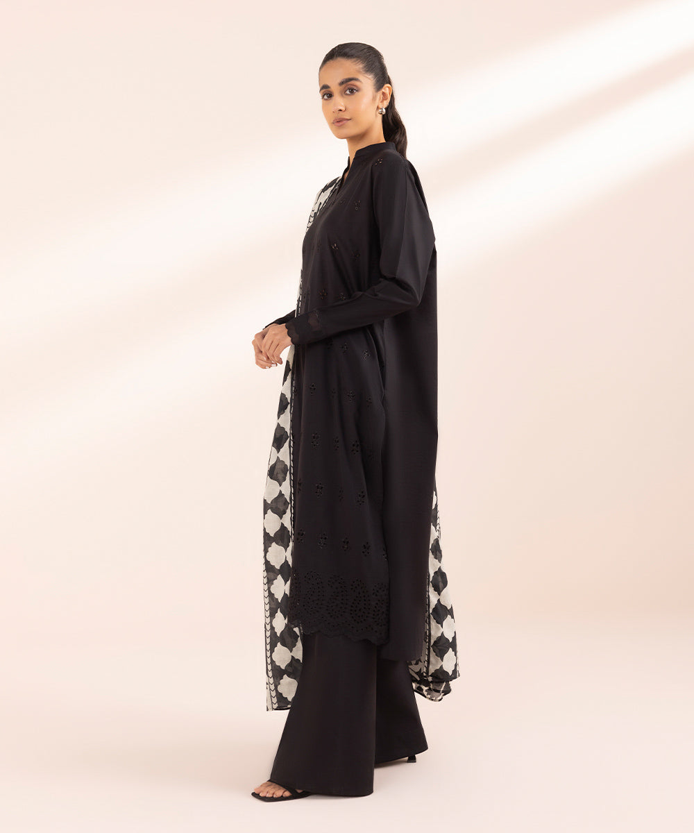 Women's Unstitched Lawn Black Embroidered 3 Piece Suit