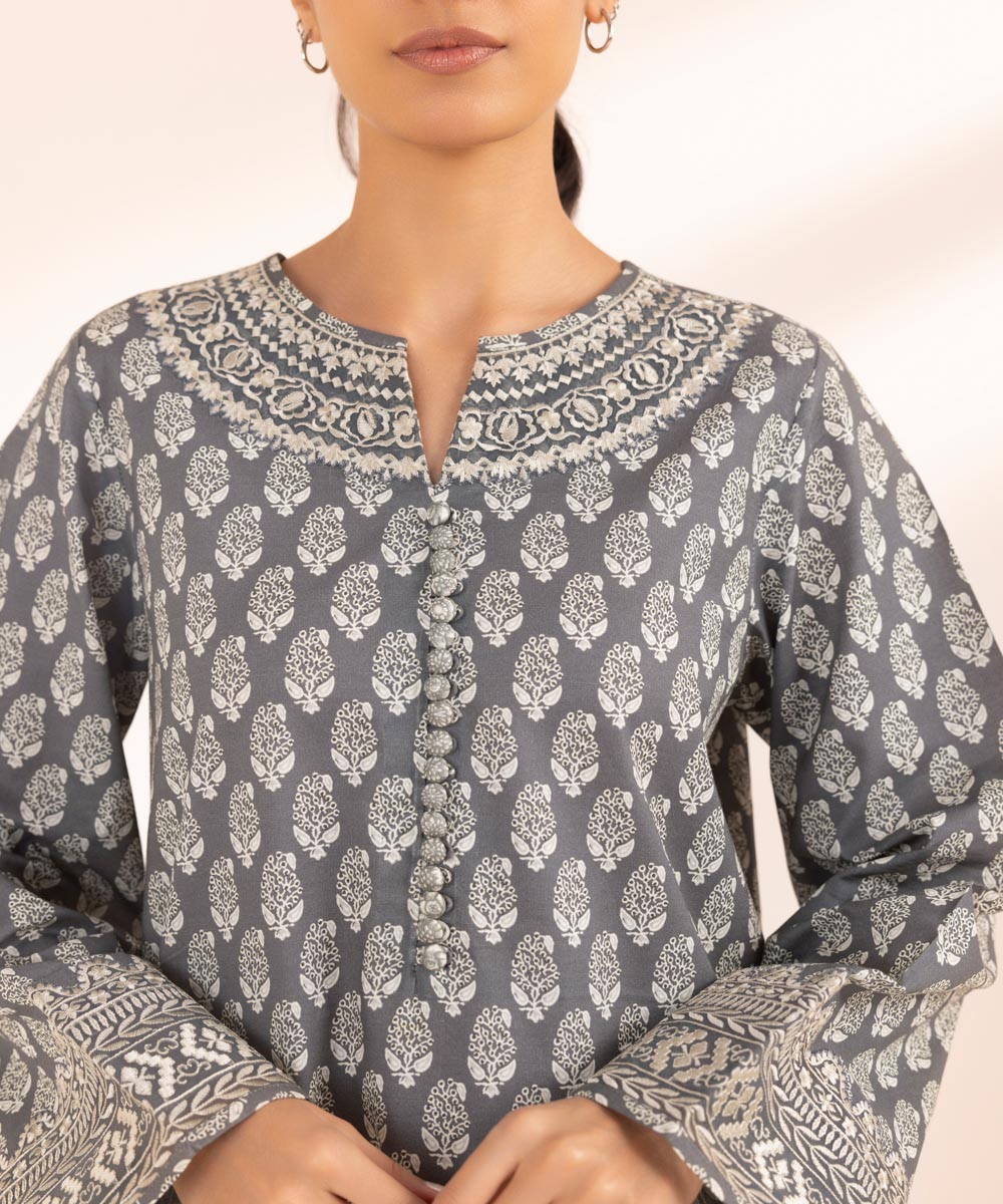 Women's Pret Lawn Printed Embroidered Grey Straight Shirt