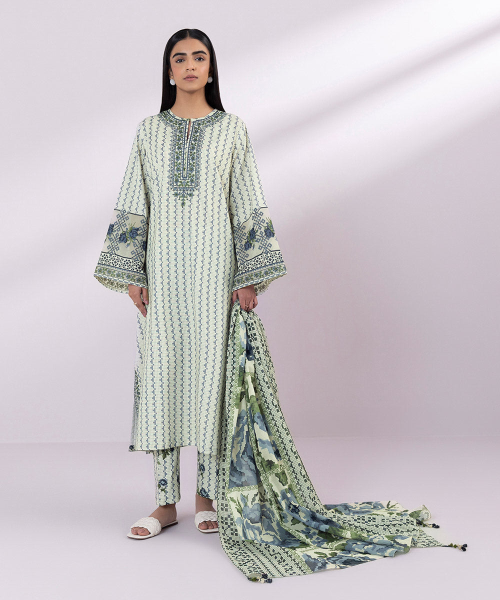 Textured Voile Off White Printed Dupatta