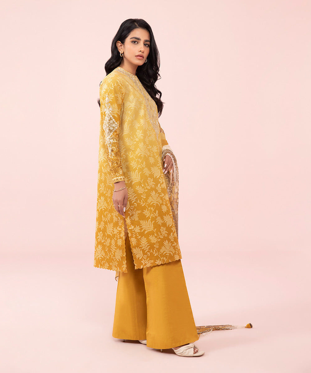 Women's Unstitched Embroidered Slub Cambric Mustard Yellow 3 Piece Suit