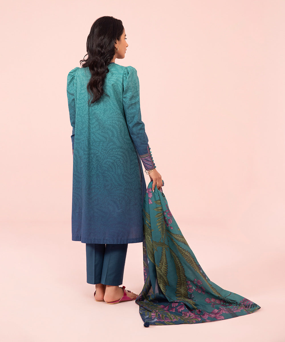 Women's Unstitched Embroidered Cambric Blue 3 Piece Suit