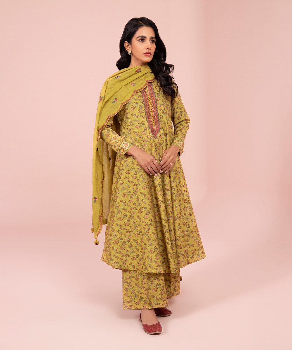 Women's Unstitched Embroidered Cambric Khaki Yellow 3 Piece Suit