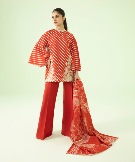 Women's Winter Unstitched Light Khaddar Red 3 Piece Suit