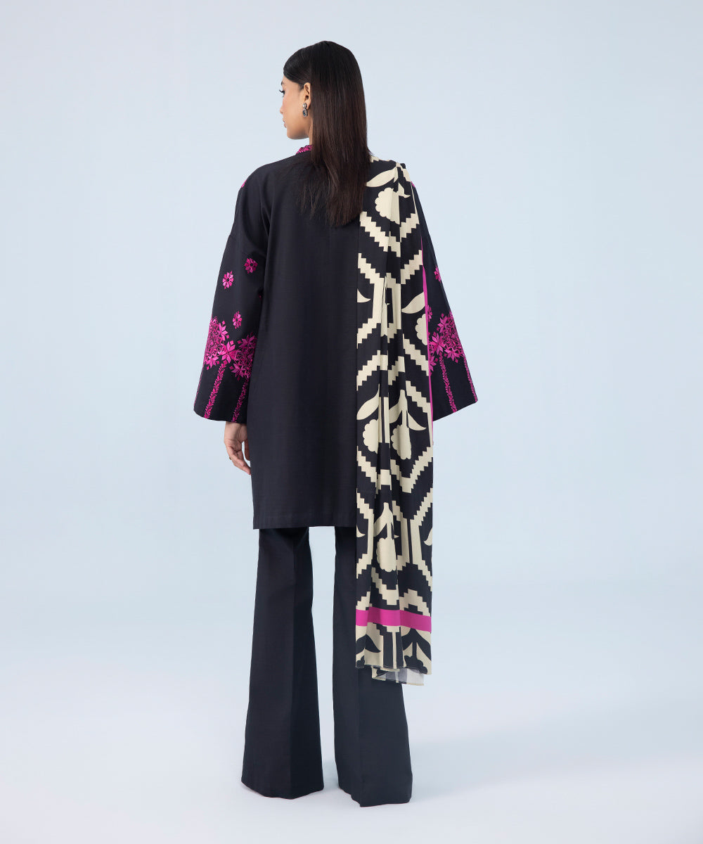 Women's Winter Unstitched Embroidered Khaddar Black 3 Piece Suit