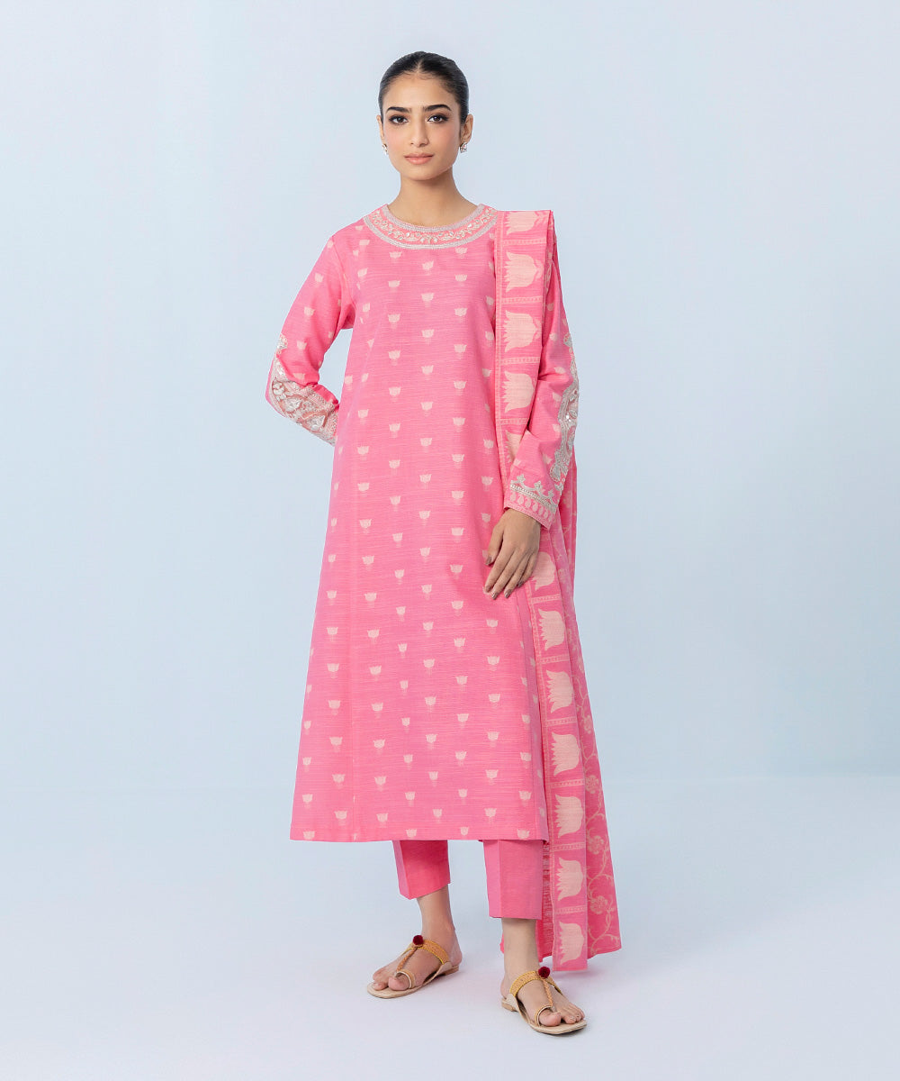 Women's Winter Unstitched Embroidered Khaddar Pink 3 Piece Suit