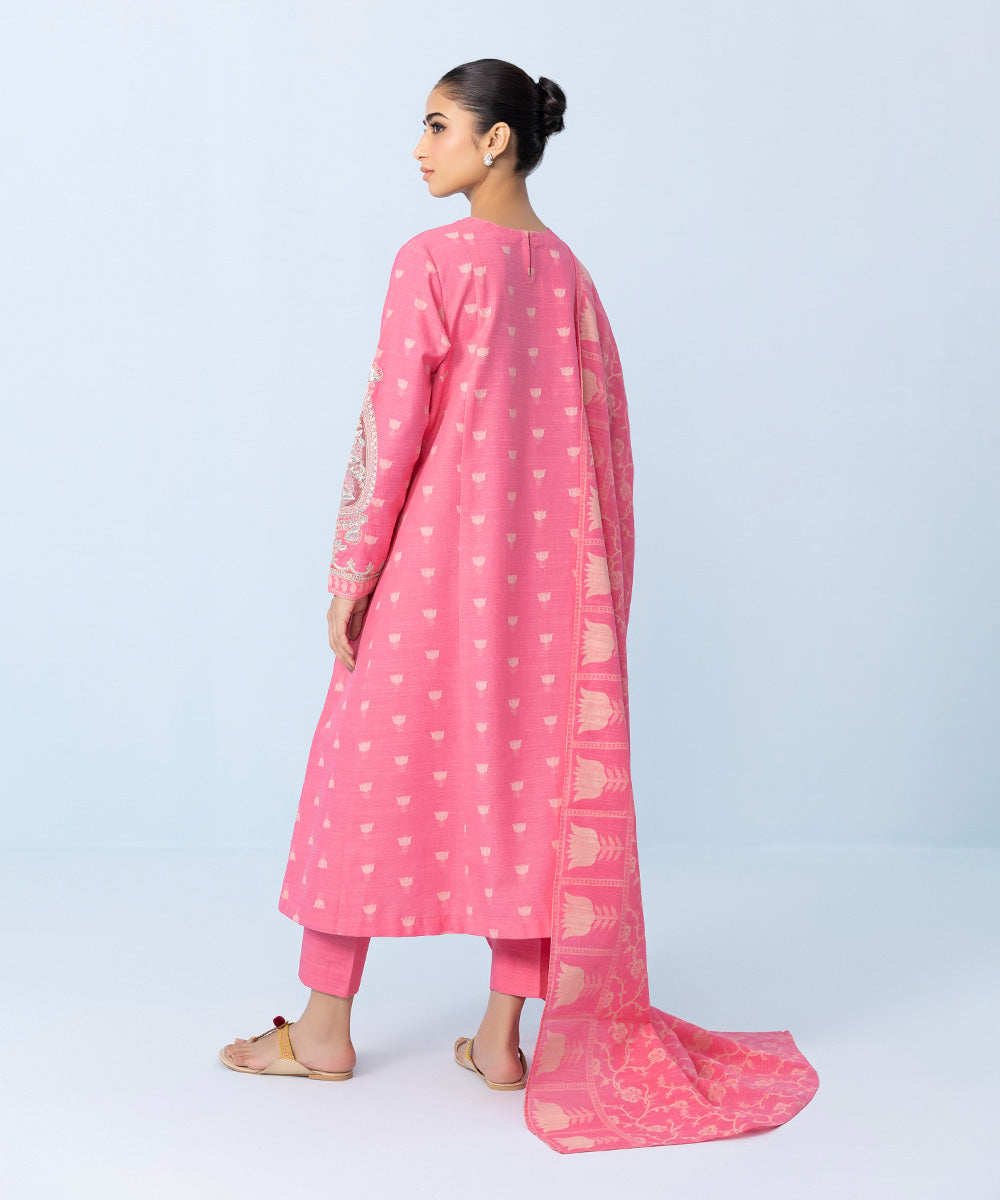 Women's Winter Unstitched Embroidered Khaddar Pink 3 Piece Suit