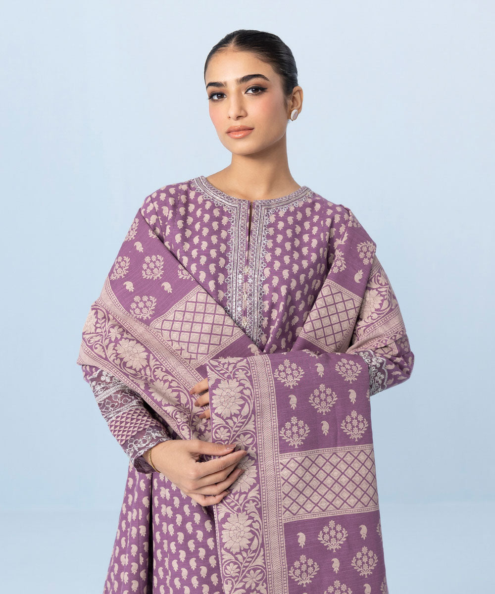 Women's Winter Unstitched Embroidered Khaddar Purple 3 Piece Suit