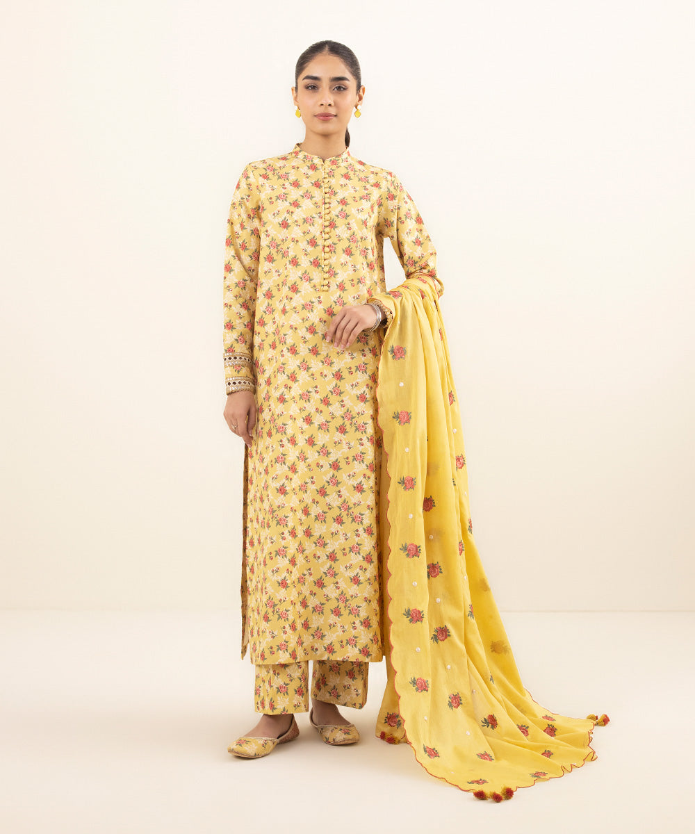 Women's Intermix Unstitched Cambric Yellow 3 Piece Suit