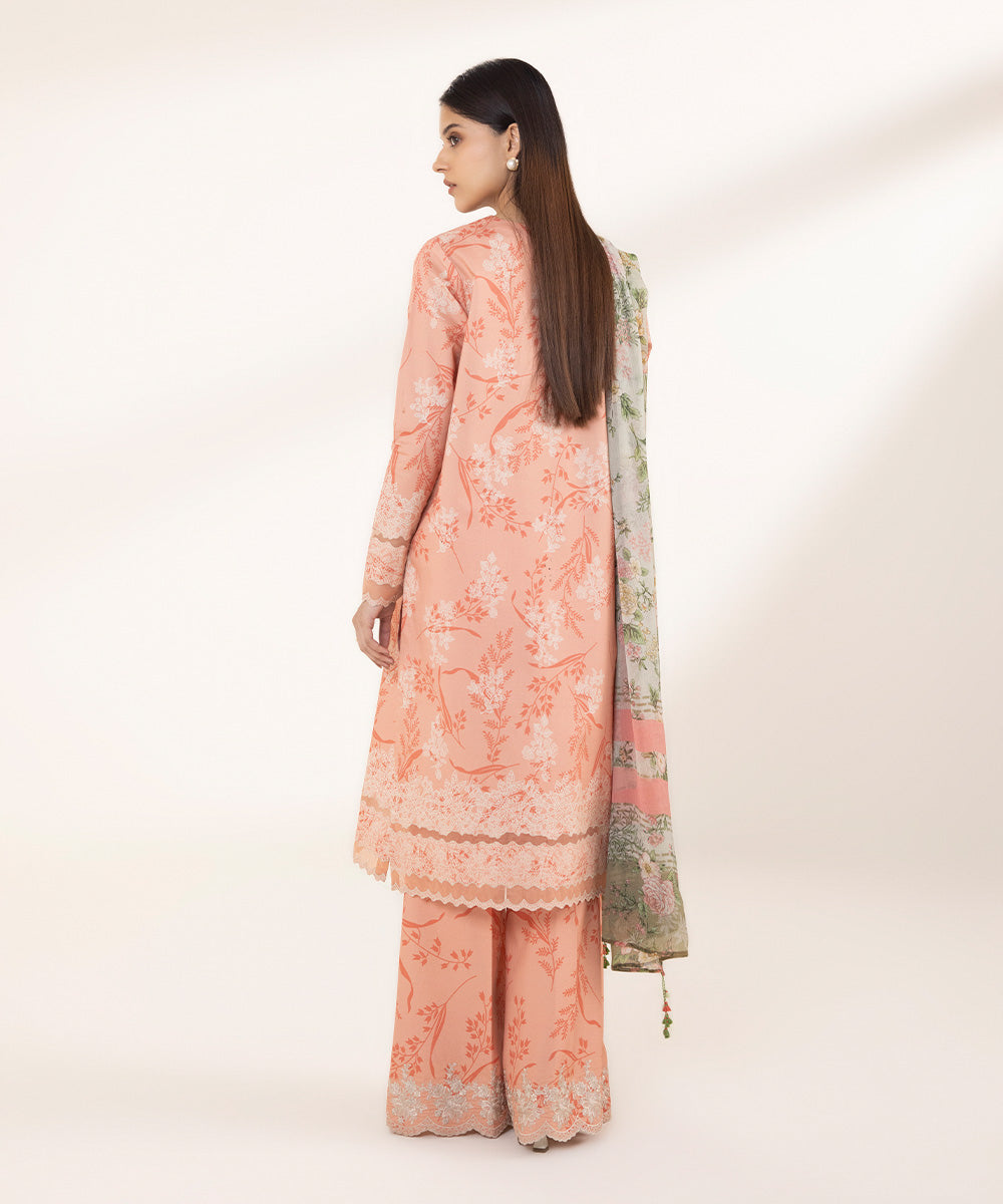 Women's Unstitched Lawn Printed Embroidered Pink 3 Piece Suit