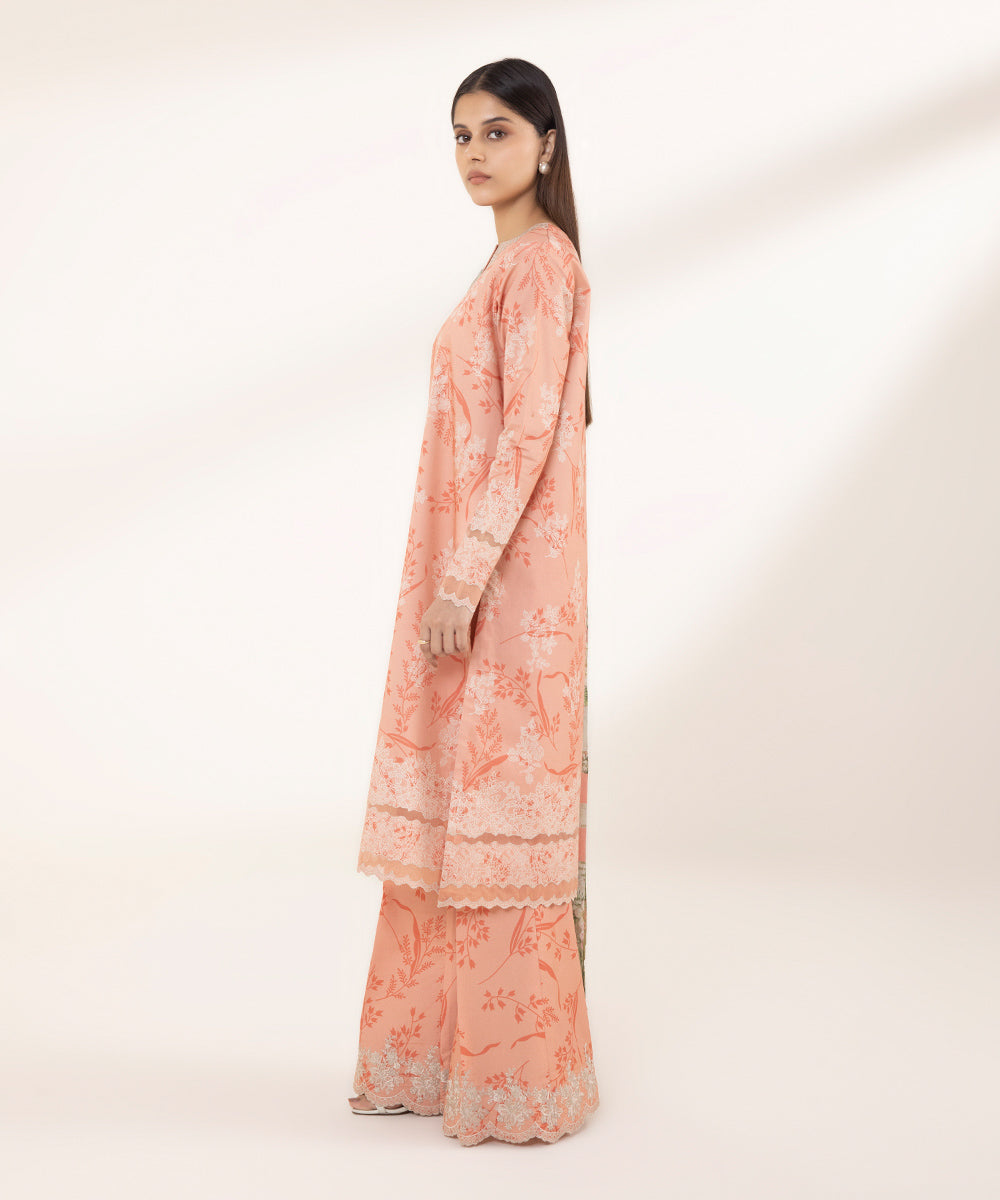 Women's Unstitched Lawn Printed Embroidered Pink 3 Piece Suit