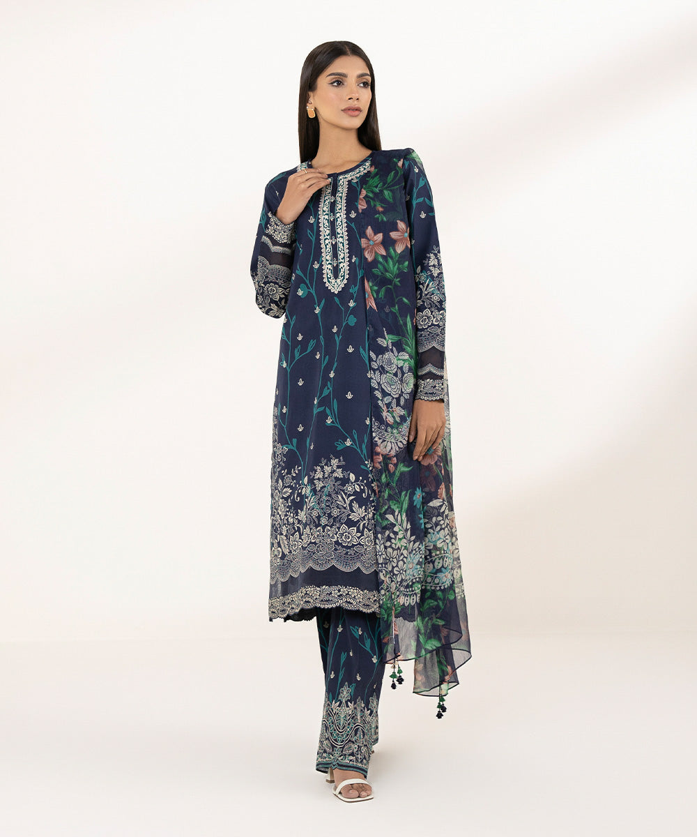 Women's Unstitched Lawn Printed Embroidered Blue 3 Piece Suit