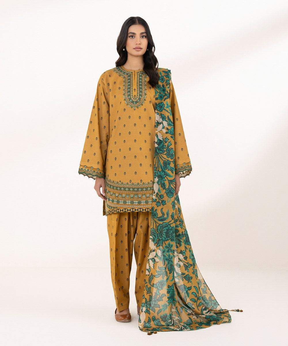 Women's Unstitched Lawn Printed Embroidered Orange 3 Piece Suit