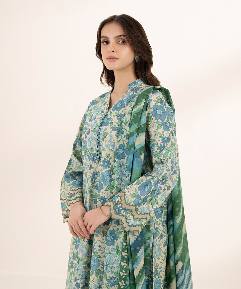 Women's Unstitched Zari Lawn Printed Embroidered Blue 3 Piece Suit