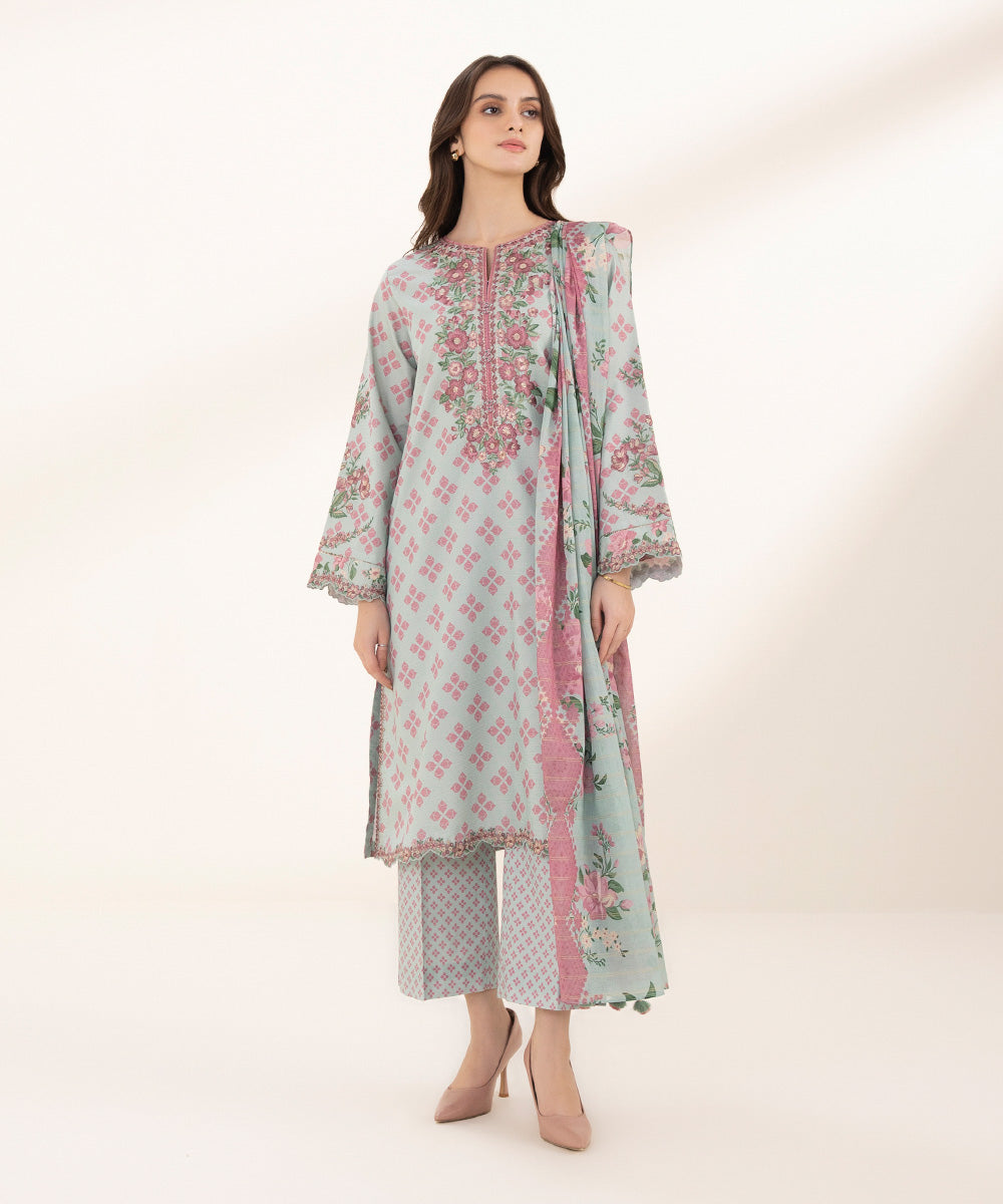 Women's Unstitched Zari Lawn Printed Embroidered Blue 3 Piece Suit