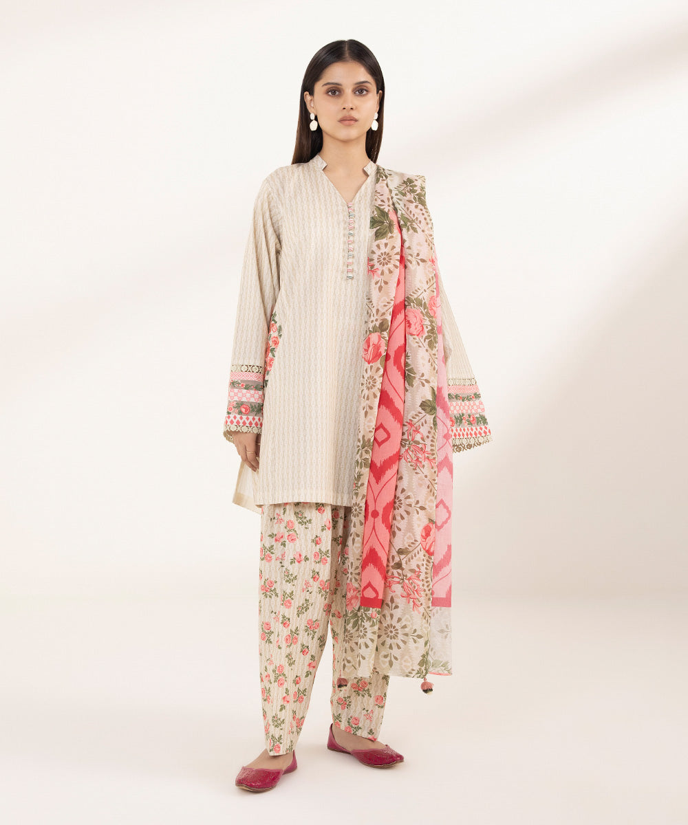 Women's Unstitched Lawn Printed Embroidered Off White 3 Piece Suit
