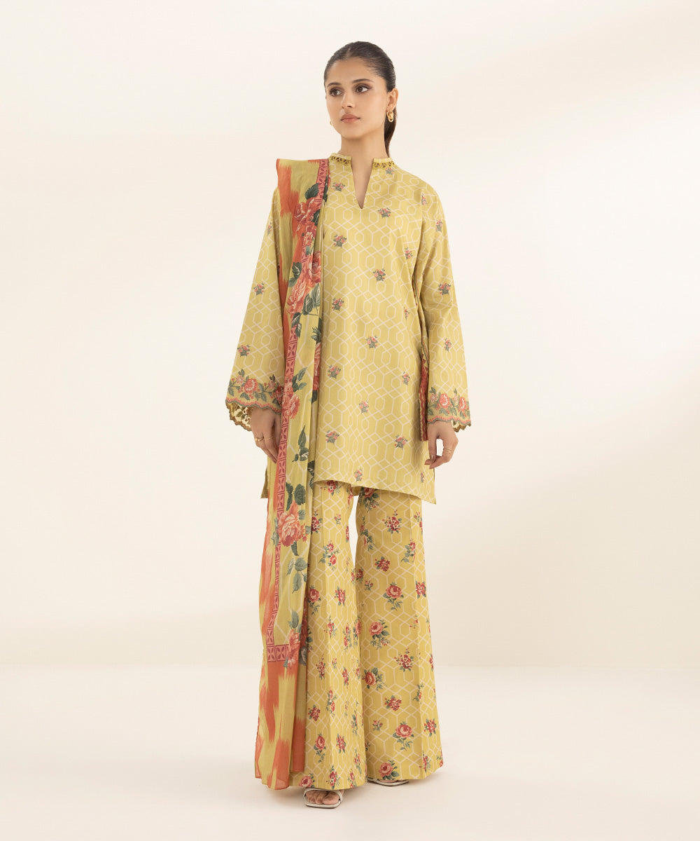 Women's Unstitched Lawn Printed Embroidered Yellow 3 Piece Suit