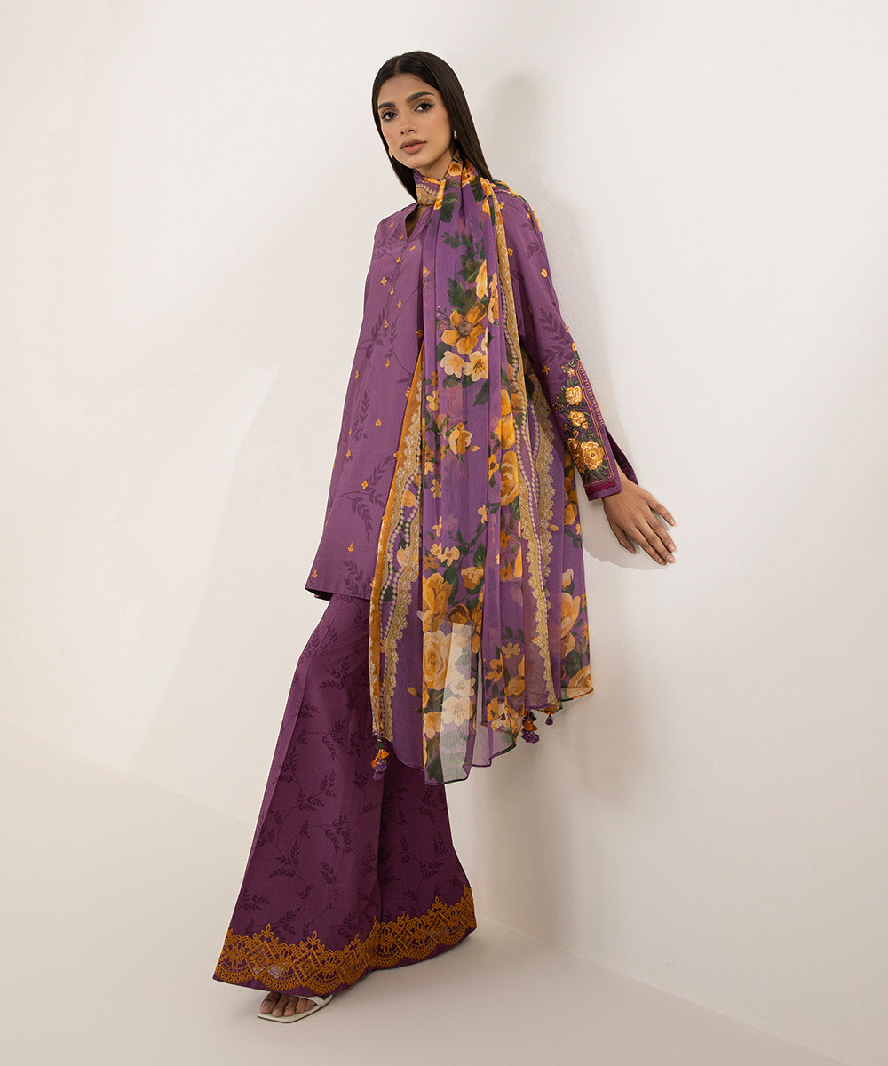 Women's Unstitched Lawn Printed Embroidered Purple 3 Piece Suit
